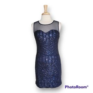 Deb Sequined and Sheer Party Cocktail Blue Mini Dress. Size L Youth